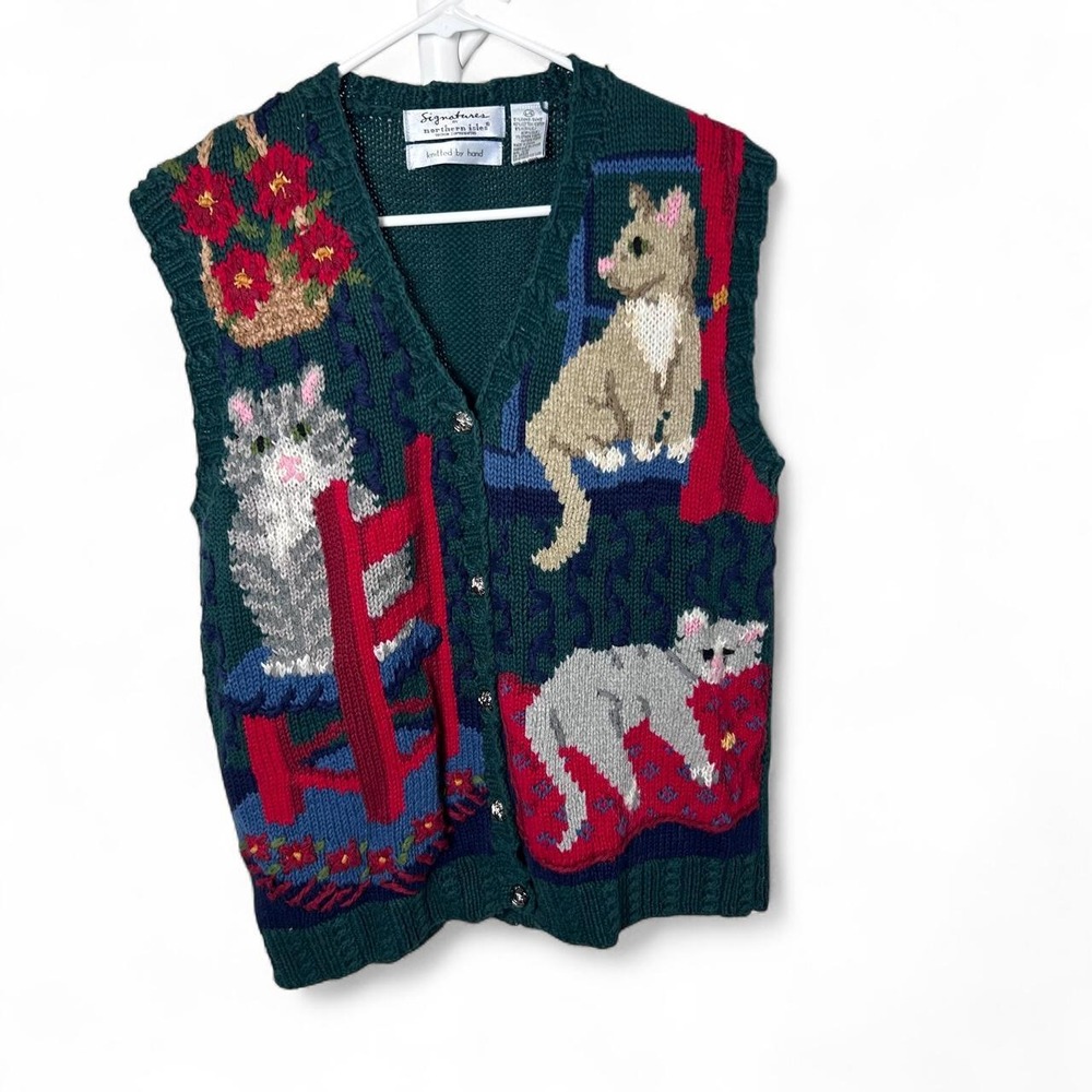 Vintage Northern Isles, Cat Vest / 1990's Style Kitten Sweater hand knit Large